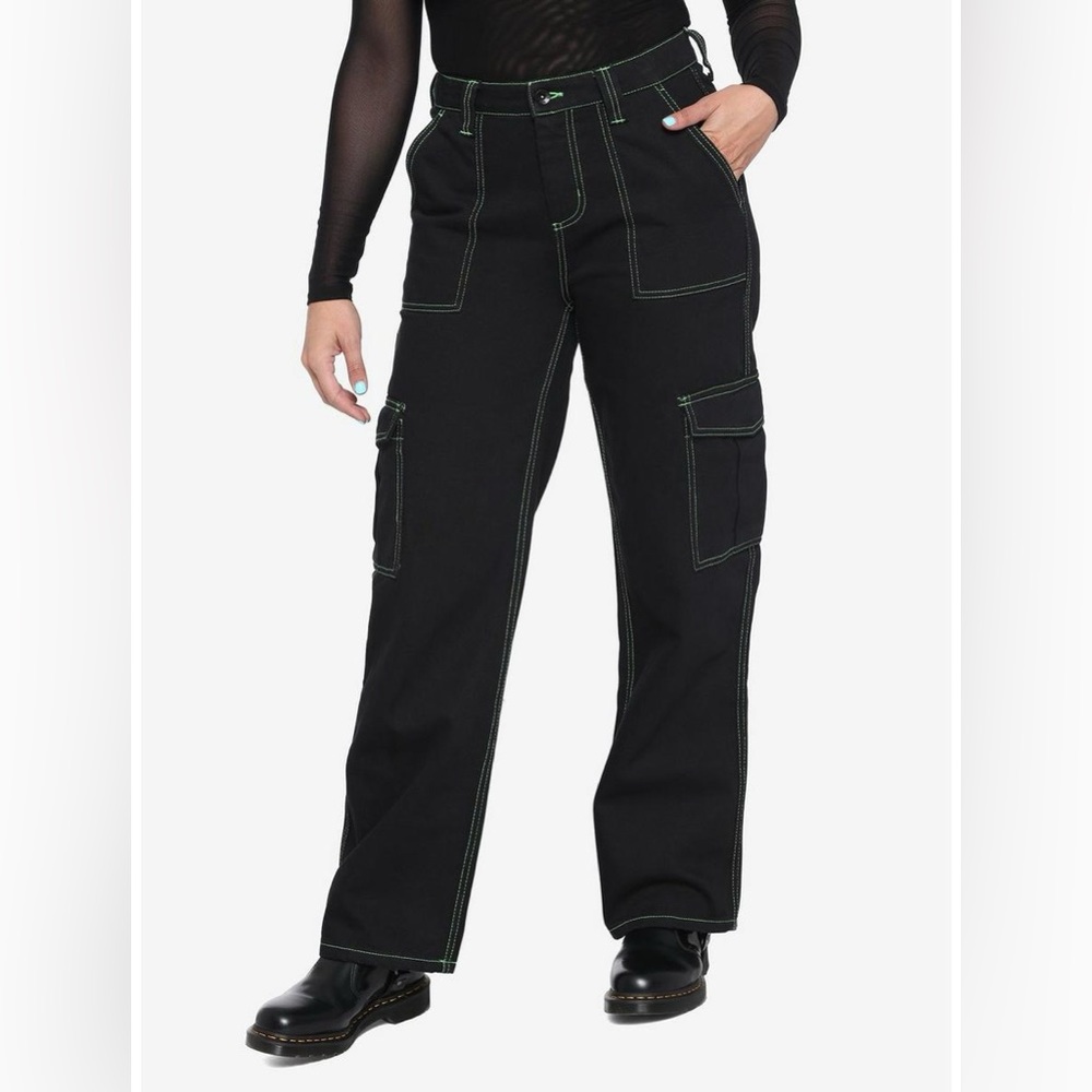 HT Denim Black & Green Stitch Hi-Rise Carpenter Pants
